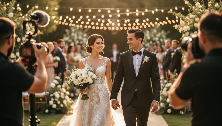 Wedding couple walking together as a photographer and videographer capture candid moments outdoors during golden hour.