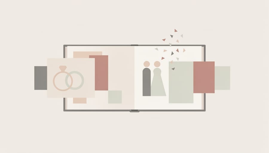 Printed wedding photo and album design tools on a craft mat during album creation