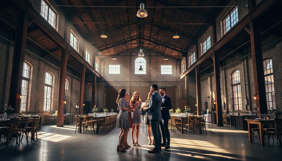 Wedding couple under tall exposed beams inside Airship 37 warehouse