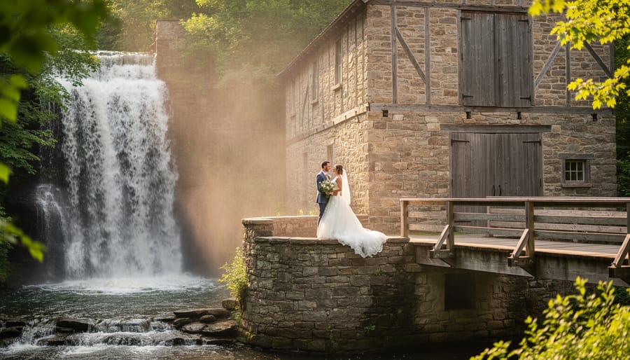 Couple posing near stone architecture with waterfall mist in the background at Ancaster Mill