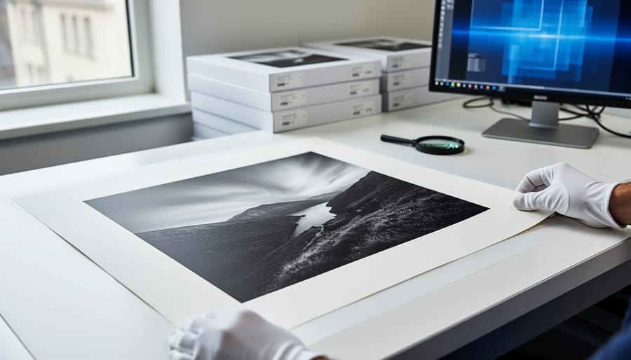 Black-and-white archival photo print drying on a studio workstation in front of a printer