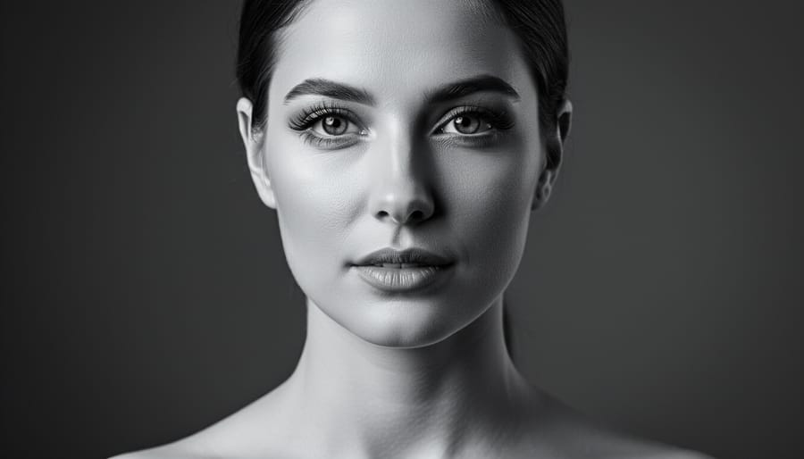 “Black-and-white studio portrait of a woman in dramatic side lighting, highlighting facial contours and deep shadow detail against a dark neutral background.”