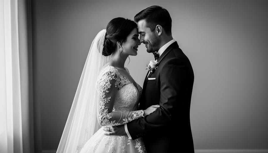 Black-and-white portrait of a bride and groom embracing with dramatic side lighting