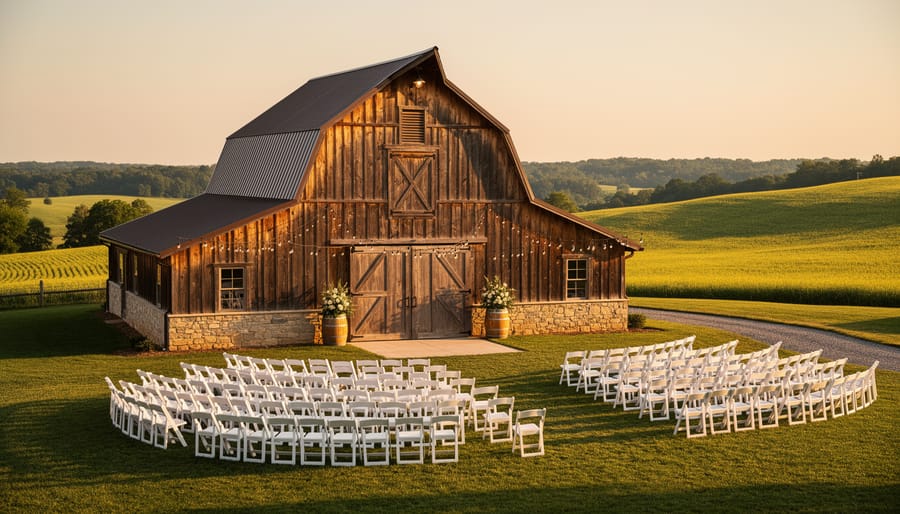 Couple posed near a rustic wooden barn at Cambium Farms during golden hour