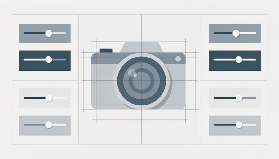 Hands adjusting a camera’s dials in a black-and-white themed setup
