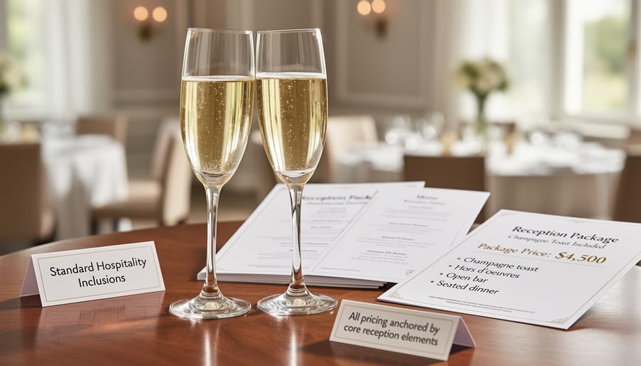 Close-up of champagne glasses clinking near a wedding cake on a reception table.