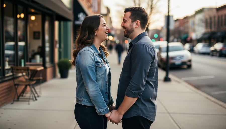 Engaged couple holding hands outdoors during golden hour