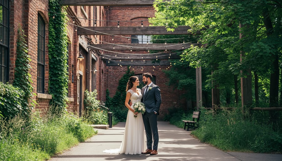 Wedding couple near brick architecture at Evergreen Brick Works with ravine greenery