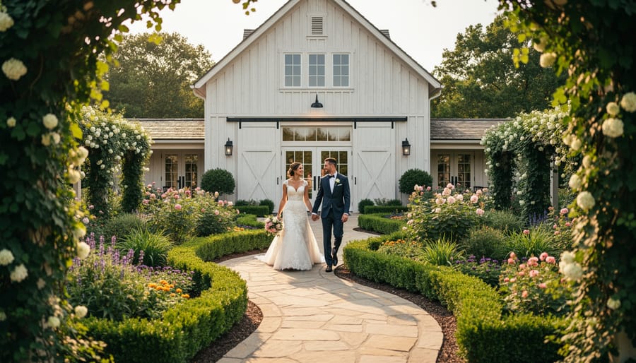 Couple walking along landscaped garden path at Graydon Hall Manor near carriage house