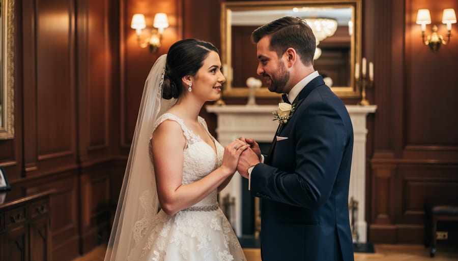 Couple embracing inside Hazelton Manor with warm exposed wood details