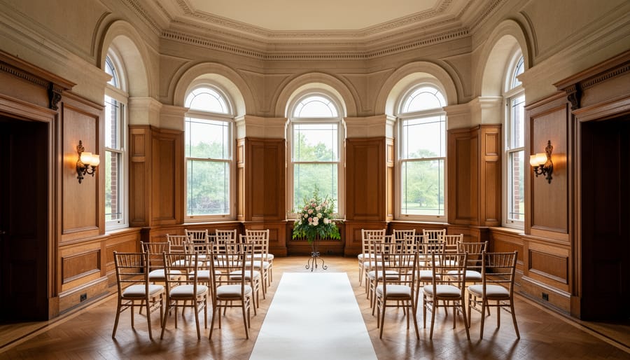 Historic estate interior with arched windows and floral ceremony setup for a small wedding
