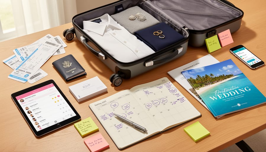 An open suitcase on a hotel bed with wedding items, a ring box, and travel documents.