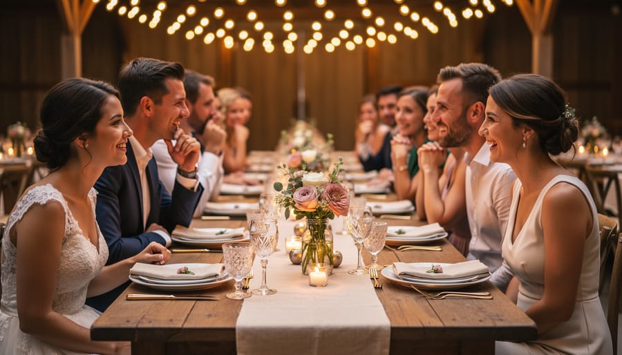 Close view of a small wedding reception table with place settings, candles, and warm lighting