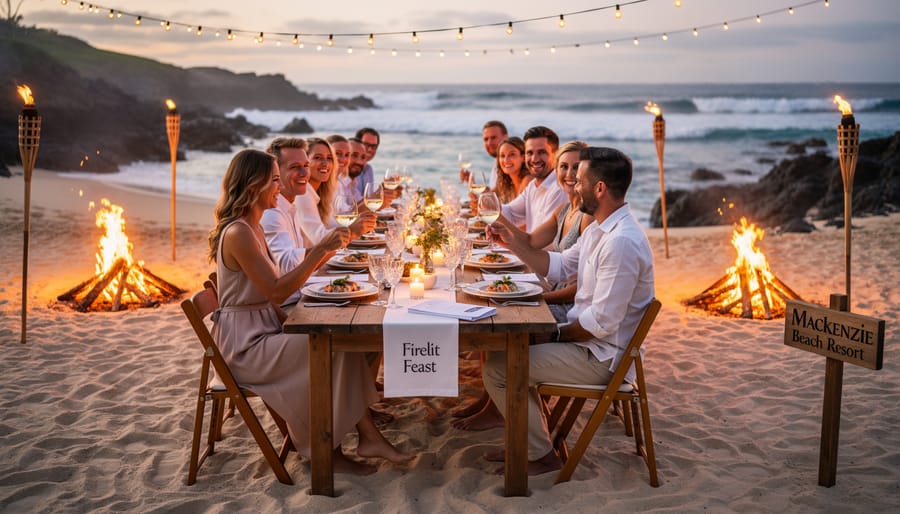Firelit beach wedding dining scene at Tinwis Beach with champagne and a plated seafood course near lanterns, facing the ocean.