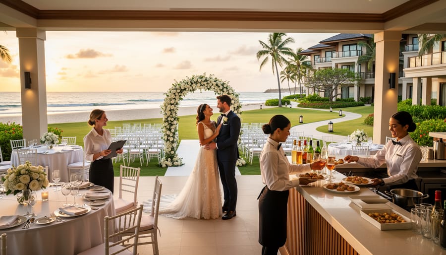 A ceremony aisle with white chairs and floral decor set up at an oceanfront all-inclusive resort.