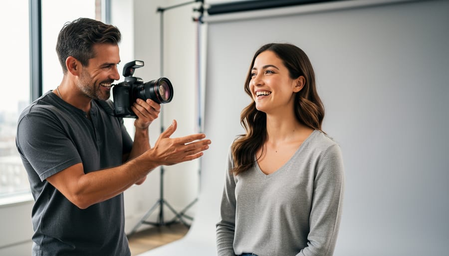 Documentary-style scene of photographer coaching an engaged couple in an urban alley