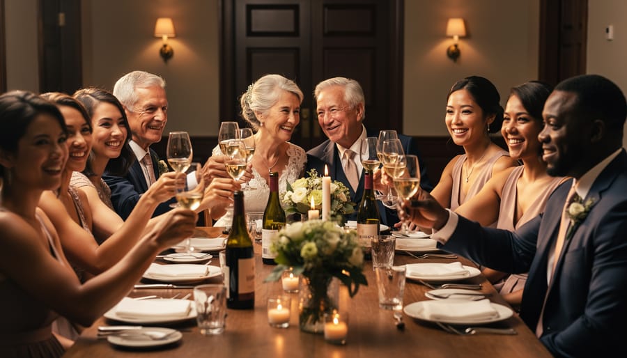 Warmly lit rehearsal dinner dining room with family and wedding party seated together, raised glasses during a toast, and candid smiles captured in a medium-wide photo.