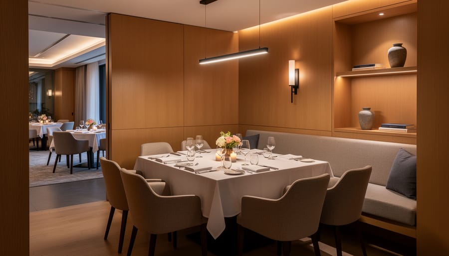 Wedding table arranged inside a restaurant private dining room for an intimate celebration