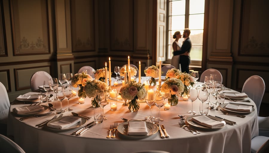 An elegantly set round table in a private intimate wedding dining room with candles, flowers, and warm golden light.