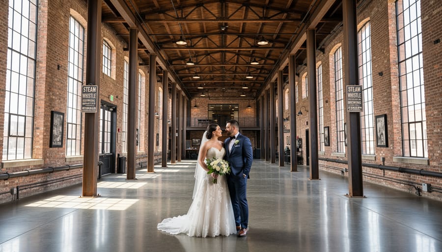 Wedding couple walking near historic roundhouse architecture at Steam Whistle Brewing