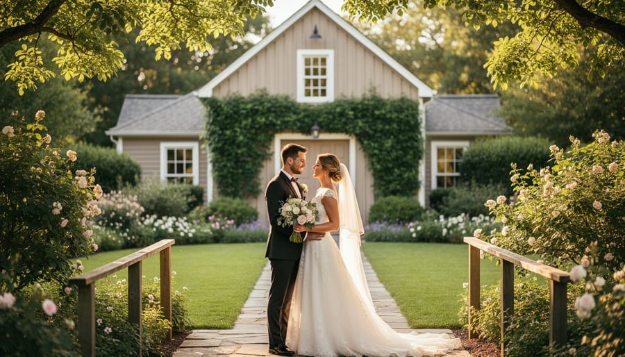 Wedding couple near a garden arch on The Doctor’s House estate grounds