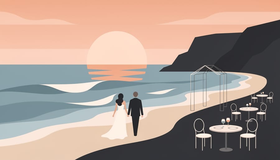Couple walking on a Tofino beach at sunset with blurred hints of wedding fine dining in the foreground.