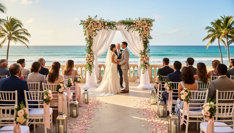 A couple stands under a floral arch on a tropical beach during sunset with the ocean softly blurred in the background.