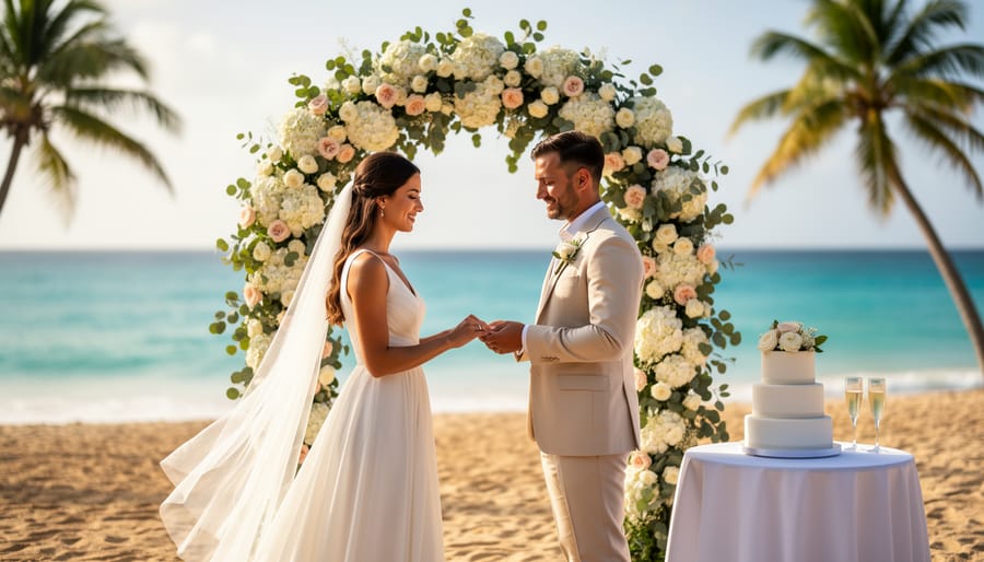 A destination wedding ceremony on a Caribbean beach with a couple exchanging vows in front of floral arches, plus nearby reception items like cake and champagne.