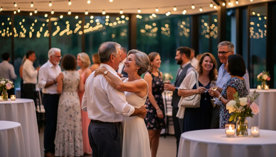 Wedding guests mingle and laugh at a welcome party in warm evening light.