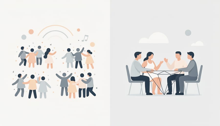 Cinematic image contrasting a lively group moment with an intimate couple moment at candlelit tables.