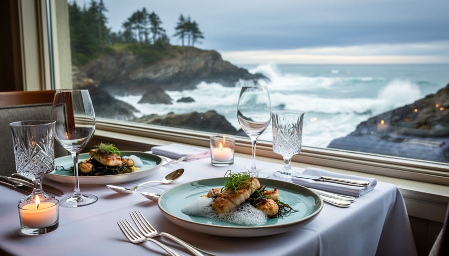Wedding reception table with candlelit fine dining plates inside The Wickaninnish Inn, with a blurred ocean view in the background.