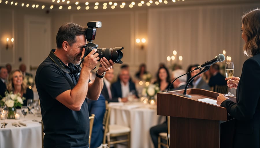 Close-up of a rehearsal dinner setup with glasses, napkin, and a photographer adjusting equipment while guests toast in the background