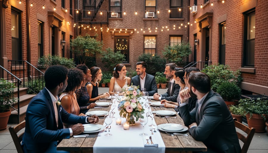 Guests gathered around a candlelit rehearsal dinner table in a Brooklyn brownstone courtyard