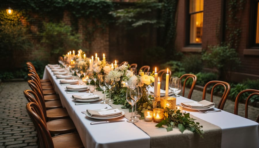 Candlelit rehearsal dinner table in a Brooklyn brownstone courtyard with linen settings, wine glasses, and a softly blurred ivy background