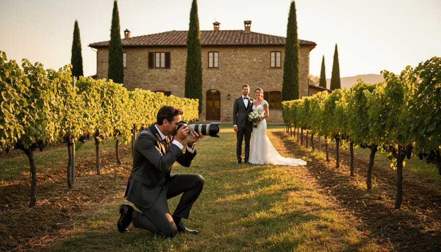A destination wedding photographer kneels in a Tuscan vineyard at golden hour while a newlywed couple stands near a rustic stone villa and cypress trees in the background.