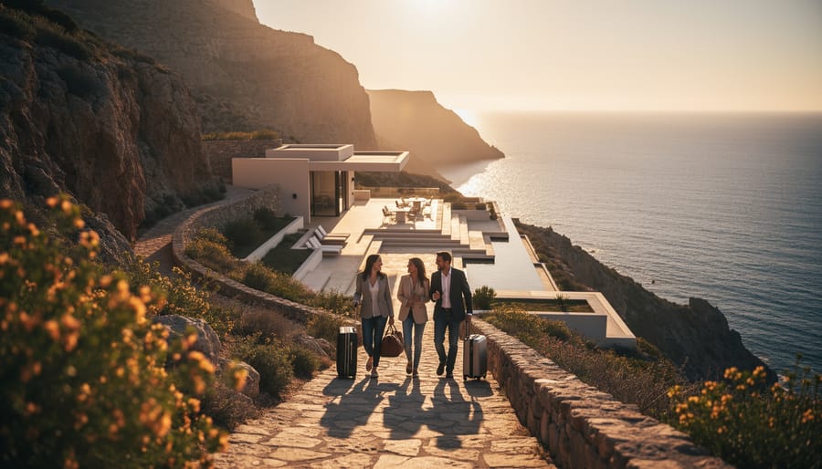 Bride and groom walking hand-in-hand along a Mediterranean cliffside during golden hour with the ocean in the background