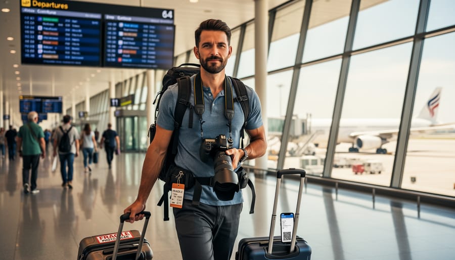 Wedding photographer’s camera and travel essentials laid out on a hotel bed in natural window light